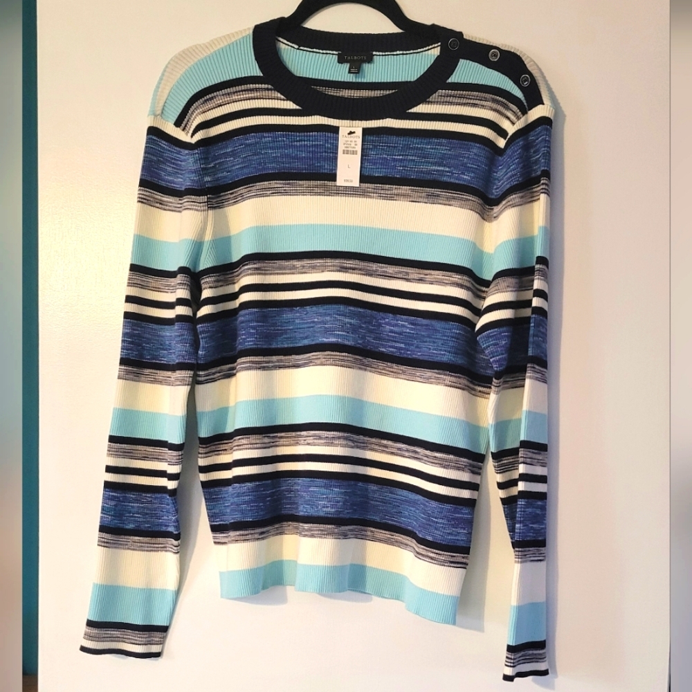 Talbots Blue White Black Stripe Scoop Neck Sweater Shoulder Buttons Large NWT